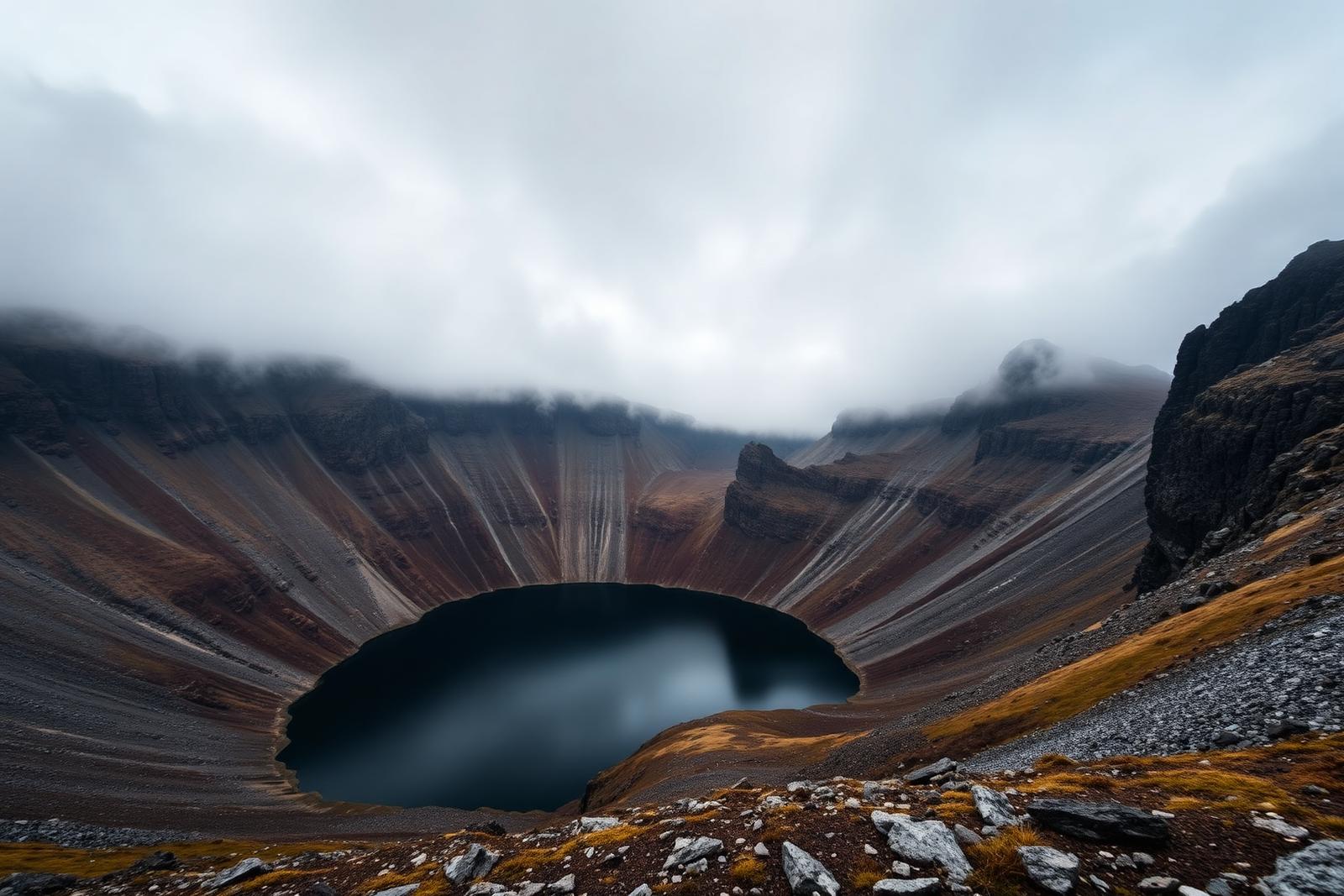 A dark corrie lake enclosed by towering cliffs and scree slopes in the Comeragh Mountains, with cloud spilling over the ridge.