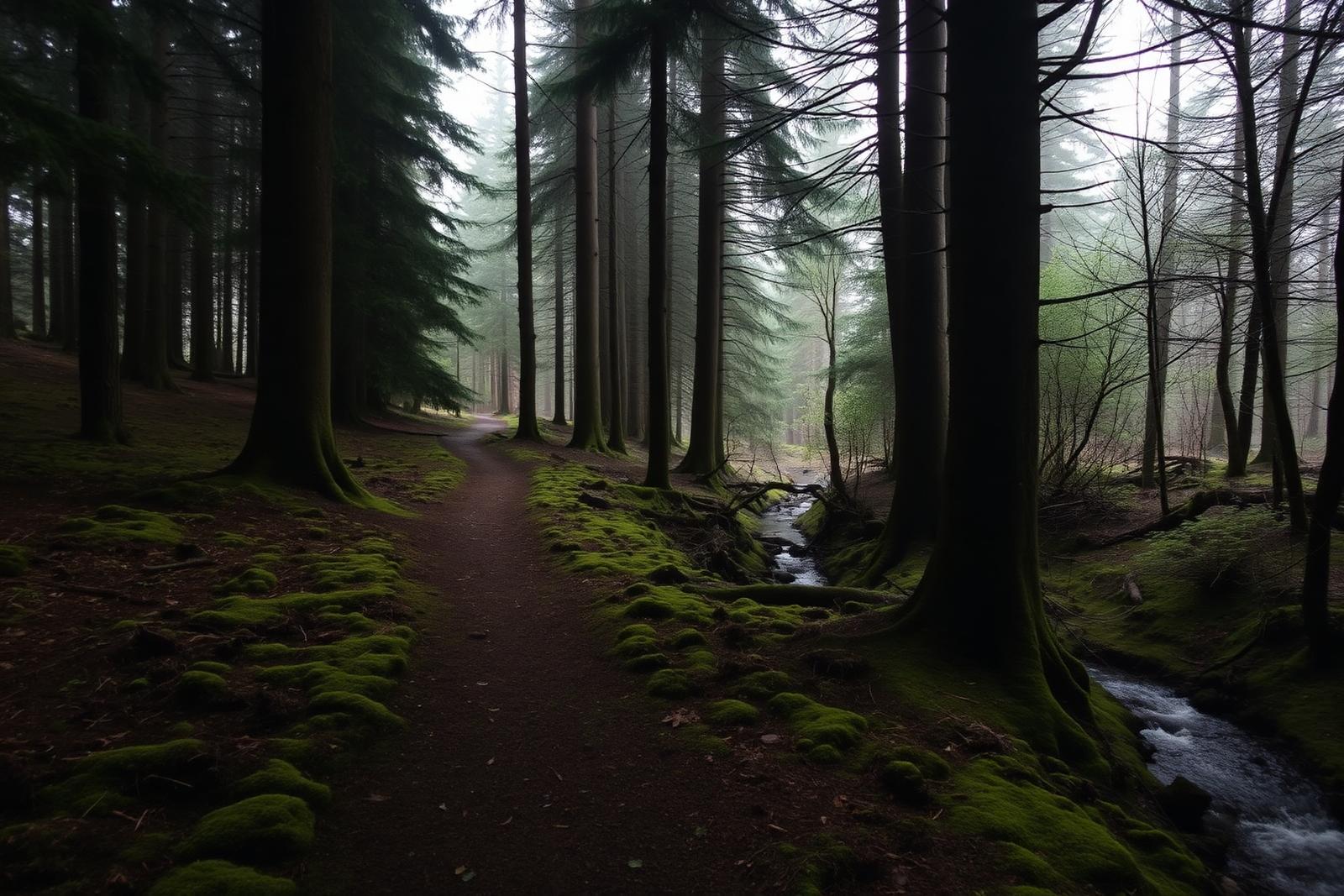 A narrow earth path winding through mossy conifer woodland beside a small stream in soft, diffused light.
