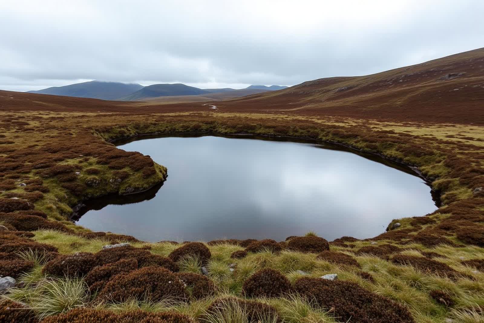 A small still mountain lake surrounded by heather and rough grass on open moorland under a grey sky.