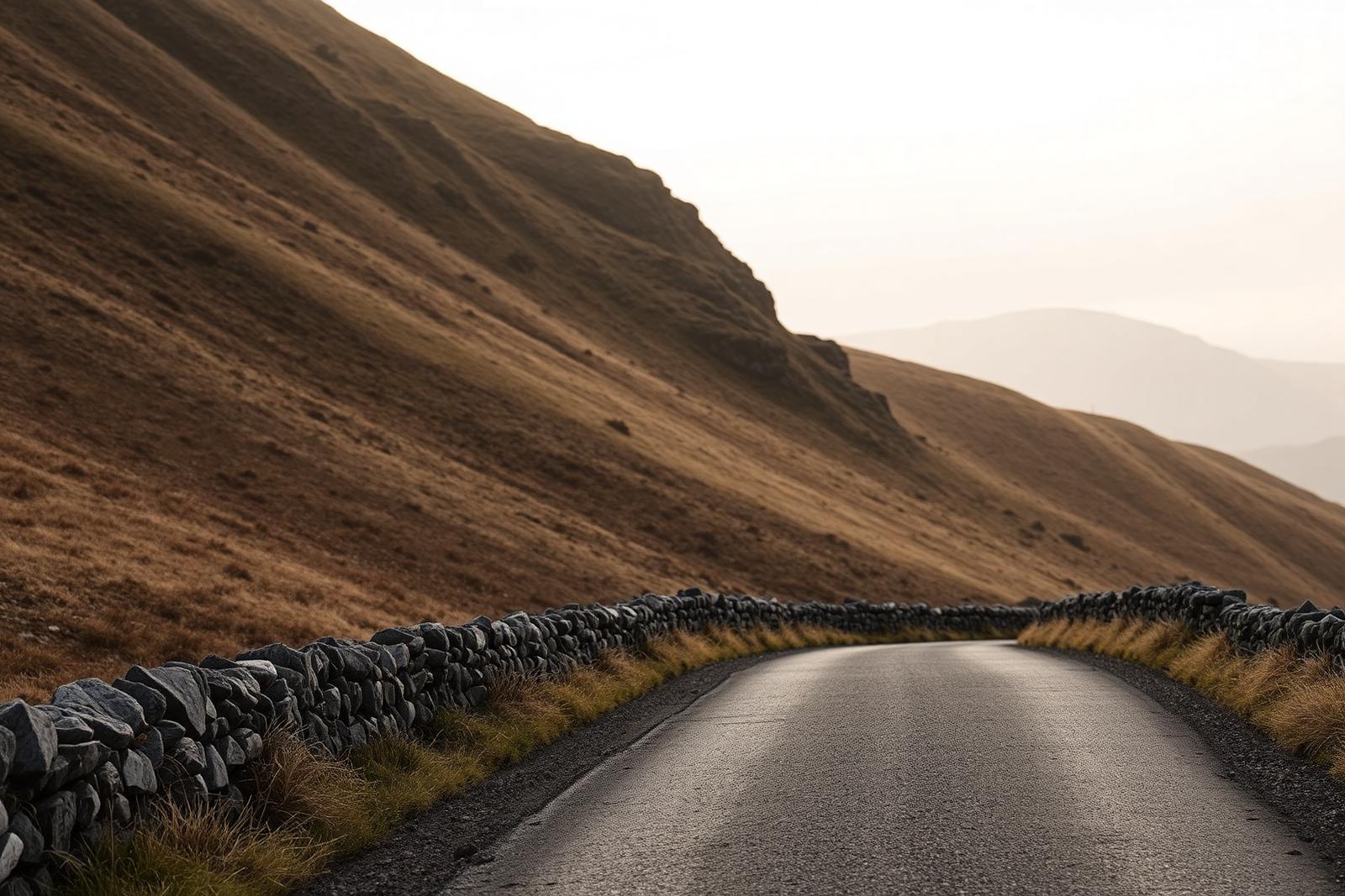 An empty narrow mountain road with dry stone wall verges climbing across open brown moorland in soft light.