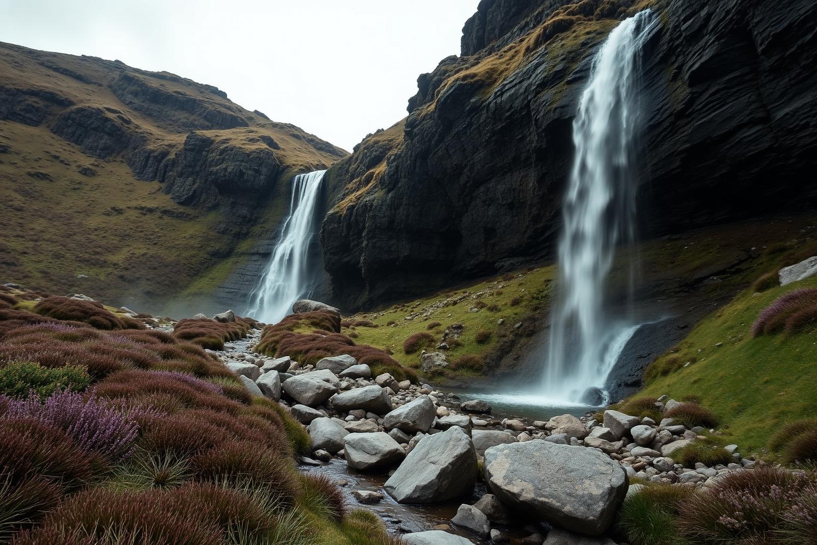 A tall waterfall falling down a dark rock face into a boulder-strewn stream, surrounded by heather and mountain grass.