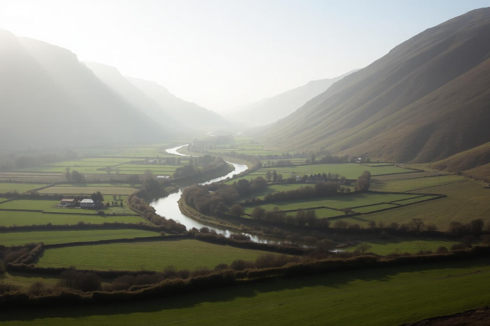 A broad green river valley of small fields and hedgerows beneath rounded mountain slopes, with morning mist in the distance.