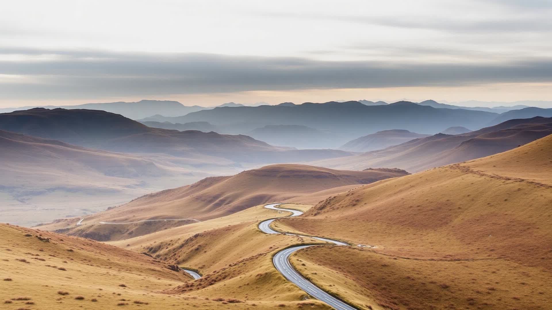 A narrow mountain road curving between moorland ridges with layers of hills fading into evening haze.